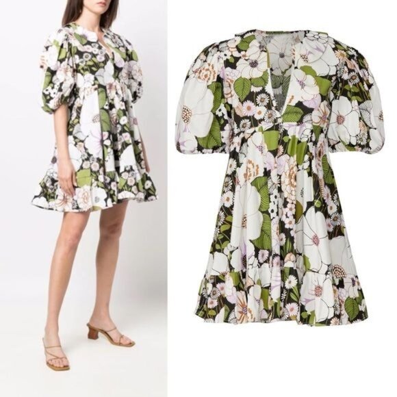Maje Rafleur Puff Sleeve Floral Poplin Mini Dress 34 Neutral XS Ruffle Vneck - Picture 1 of 16